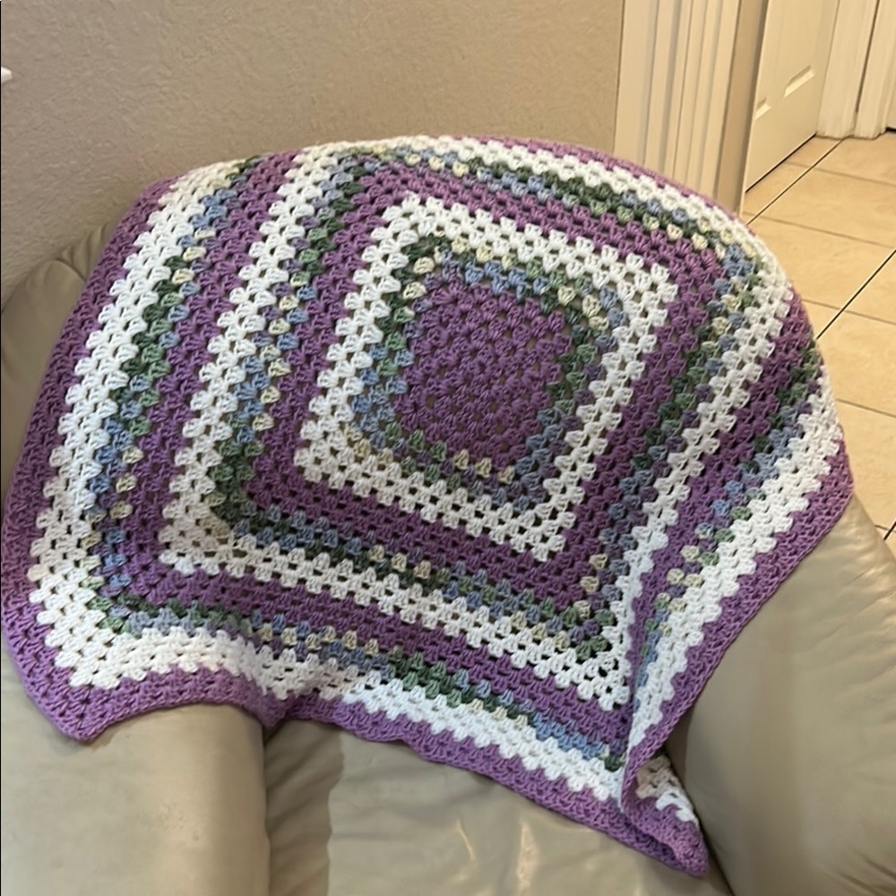 Handmade Crochet Blanket in Purple, Blue, White, Cream and Green 42” x 42”